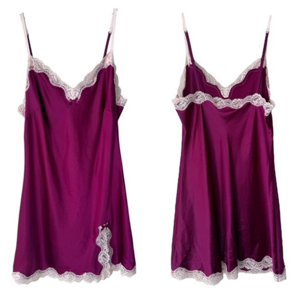 VICTORIA SECRET Lace Trim Lingerie Slip Dress Sz Med Pink Magenta Feminine Bow